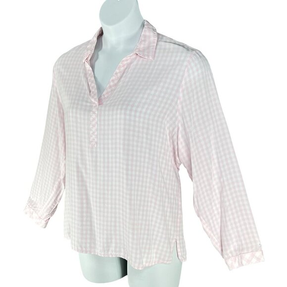 J Jill Womens XL Pink Gingham Popover Blouse Notch Neckline Clean Girl Feminine - Picture 6 of 16